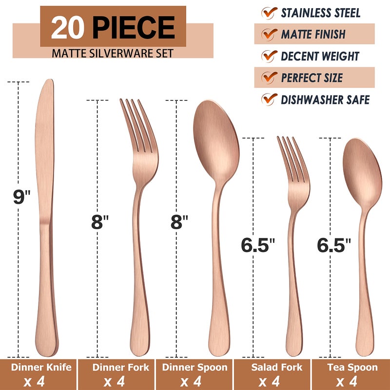 LIANYU 20 Piece Matte Copper Silverware Set  Stainless Steel Copper Flatware Cutlery Set for 4  Fancy Kitchen Utensil Tableware for Home Restaurant Party  Satin Finish  Dishwasher Safe - Image 2